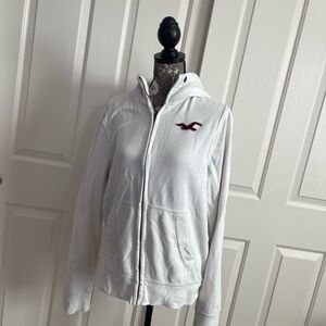 Hollister Size L White Zip Up hooded jacket with red logo